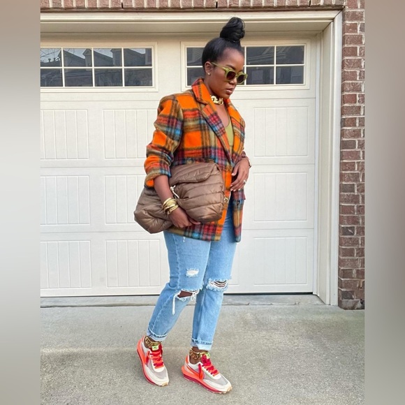 NWT! NASTY GAL Premium Wool Blend Oversized Orange Plaid Stripe Blazer Coat - Picture 4 of 16